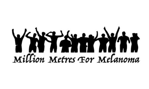 Silhouettes of people with raised arms in celebration above the text "Million Metres For Melanoma," supporting the Leukaemia Foundation and raising awareness for leukaemia and blood cancer, in a stylised font on a white background.