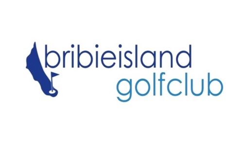 Logo for Bribie Island Golf Club featuring a blue map outline of Bribie Island with a golf flag and hole, alongside the words "bribie island golf club" in lowercase blue lettering, supporting the Leukaemia Foundation and blood cancer awareness.