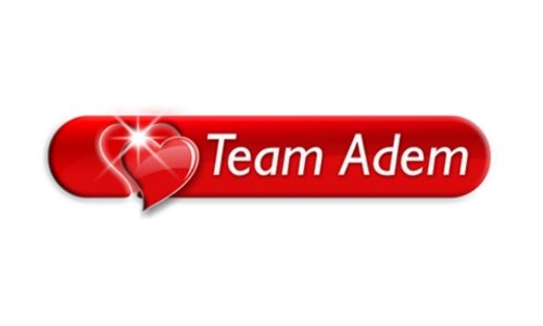 Red button with a shiny heart graphic and white text that reads "Team Adem" on a white background, supporting the Leukaemia Foundation.