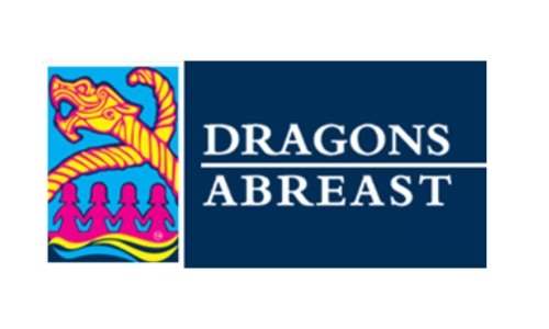 Logo for Dragons Abreast featuring a stylised yellow and pink dragon head with five pink silhouettes below it, symbolising support for blood cancer, next to a navy blue box with "DRAGONS ABREAST" in white capital letters.